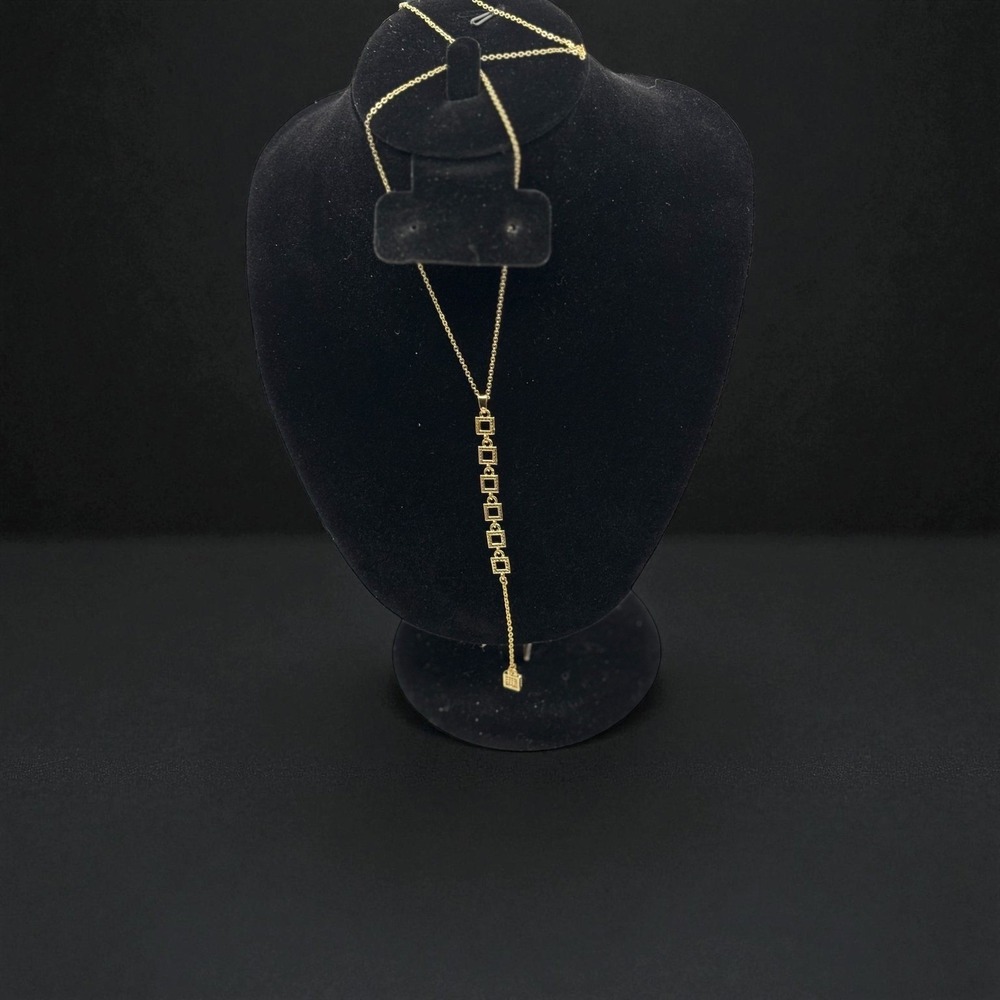 Gold Tone Y Necklace Square Link Pave Charm Drop Lariat NIB Aiden Eden
